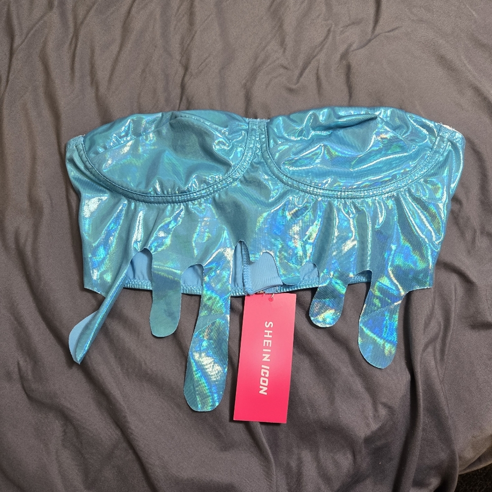 NWT Water Drop SHEIN ICON Asymmetrical Hem Bustier Metallic Tube Top - Picture 3 of 8